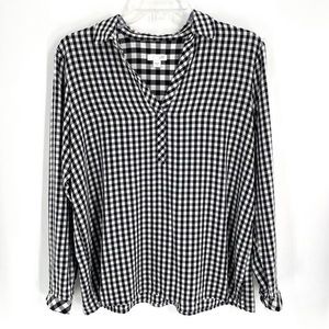 J.Jill Womens V-Neck Collared Top Gingham Print Black White Long Sleeve Sz S